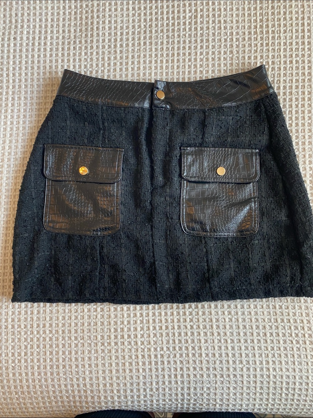 Black Tweed Mini Skirt with Faux Leather Pockets